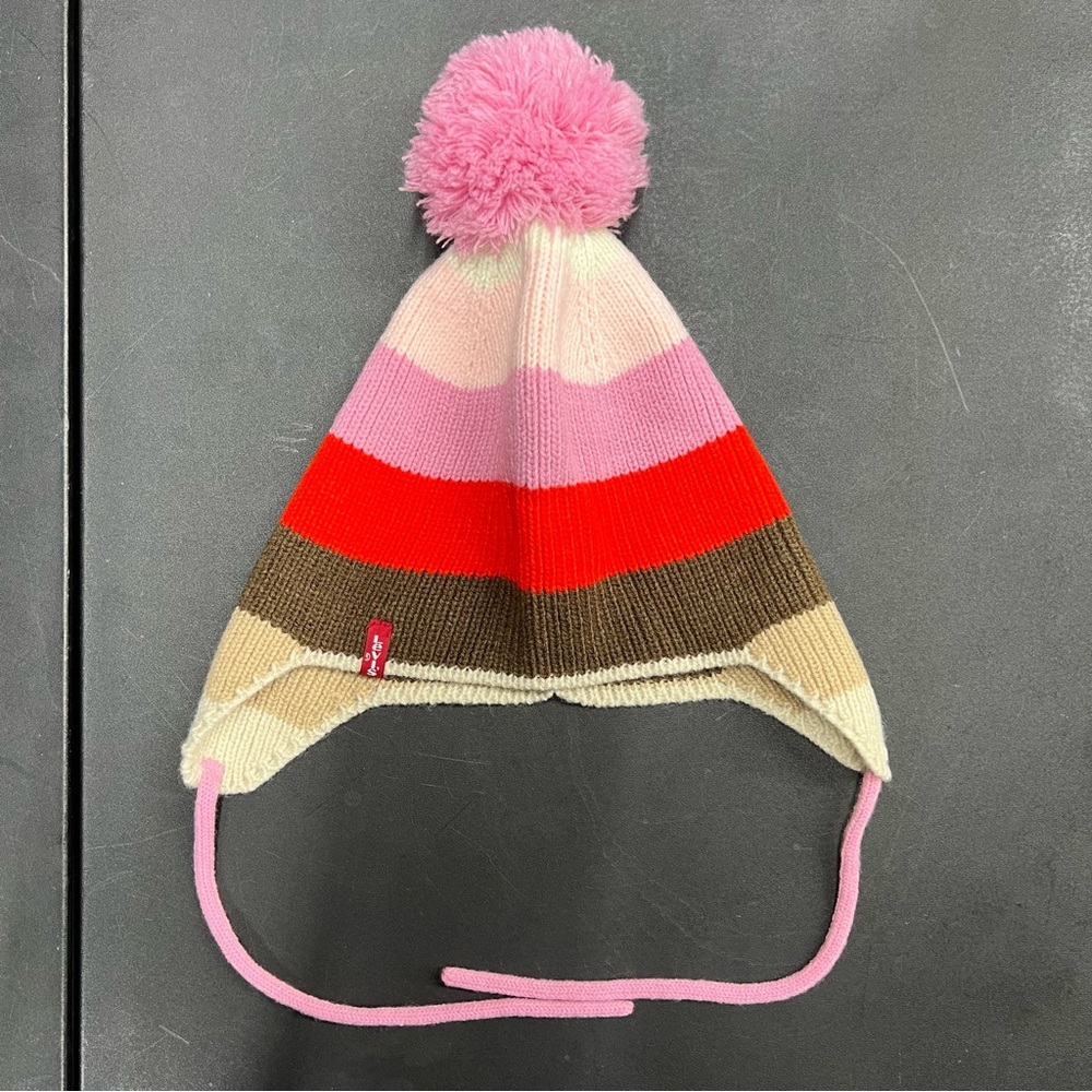 Levi's Pink and Red Striped Pom-Pom Beanie